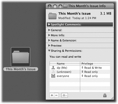 The file-sharing permissions controls are back in the Get Info box for any file, folder, or disk—right back where they were in Mac OS 9 in days of old. By the way: If the Finder quits when you click the + button to fiddle with the permissions, you’re not alone. There’s a quick fix, though, awaiting on Apple’s Help Web site. It’s here: