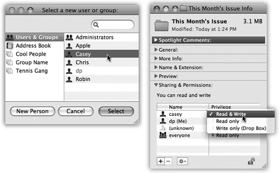 This list includes every account holder on your Mac, plus groups you’ve set up (), plus the contents of your Address Book. One by one, you can add them to the list of lucky sharers of your file or folder—and then change the degree of access they have to the stuff you’re sharing.