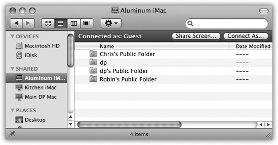 Without requiring any name or password on the other Mac, you have full access to anything the other account holders have left in their Public folders. (There’s a Public folder in everyone’s Home folder.) At this point, you’re considered a Guest.