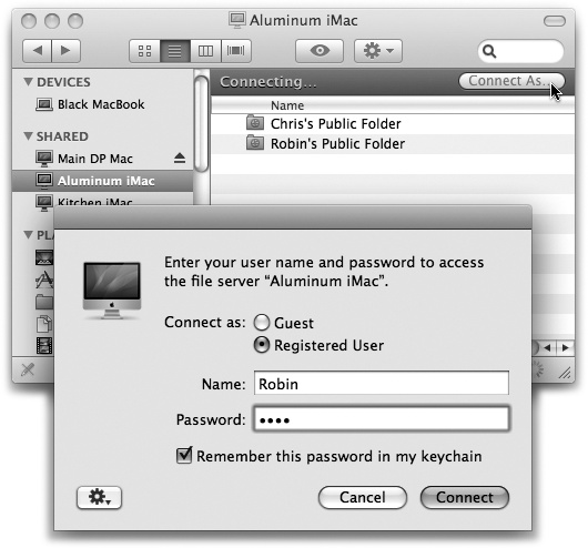 Top: You can sign in to your account on another Mac on the network (even while somebody else is actually using that Mac in person). Click Connect As (top right), and then enter your name and password. Turn on “Remember this password” to speed up the process for next time. The Action () pop-up menu offers a Change Password that gives you the opportunity to change your account password on the other machine, just in case you suspect someone saw what you typed. Bottom: No matter which method you use to connect to a shared folder or disk, its icon shows up in the Sidebar. It’s easy to disconnect, thanks to the little button.