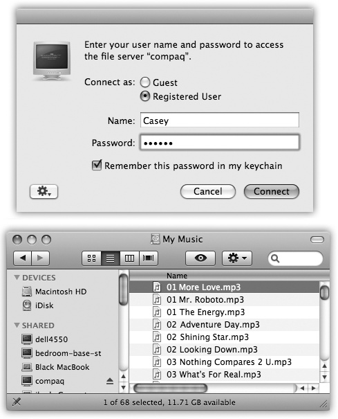 Top: The PC wants to make sure that you’re authorized to visit it. If the terminology here seems a bit geeky by Apple standards, no wonder—this is Microsoft Windows’ lingo you’re seeing, not Apple’s. Fortunately, you see this box only the very first time you access a certain Windows folder or disk; after that, you see only the box shown below. Bottom: Here, you see a list of shared folders on the PC. Choose the one you want to connect to, and then click OK. Like magic, the Windows folder shows up on your Mac screen, ready to use!