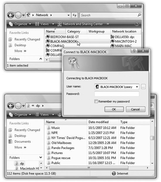 Top: Double-click the icon of the Mac you want to visit from your Windows machine (Vista is shown here). Middle: Type your Mac’s name in all capitals (or its IP address), then a backslash, and then your Mac account short name. (You can find out your Mac’s name on the Sharing pane of System Preferences.) Enter your Mac account’s password, too. Turn on “Remember my password” if you plan to do this again someday. Click OK. Bottom: Here’s your Mac Home folder—in Windows! Open it up to find all your stuff.