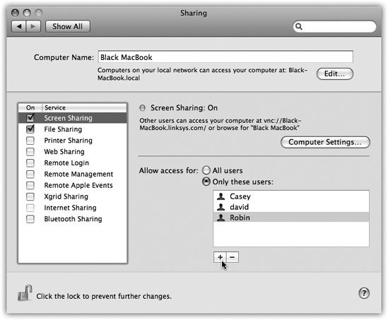 Your Mac is now ready to be observed and even controlled by other machines across the network. The people listed here are allowed to tap in anytime they like, even when you’re not at your machine.