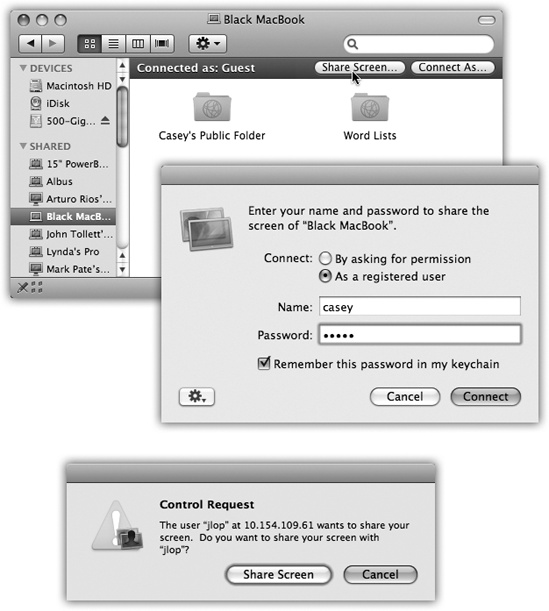 Top: Start by clicking Share Screen in the strip at the top of the other Mac’s window. Middle: If you’ve been pre-added to the V.I.P. list of authorized screen sharers, as described above, you can sign in with your name and password. If not, you can request permission to share Mac #1’s screen. You’ll be granted permission only if Mac #1’s owner happens to be sitting in front of it at the moment, and has opted to accept such requests. Bottom: If you request permission, the other person (sitting at Mac #1) sees your request in this form.