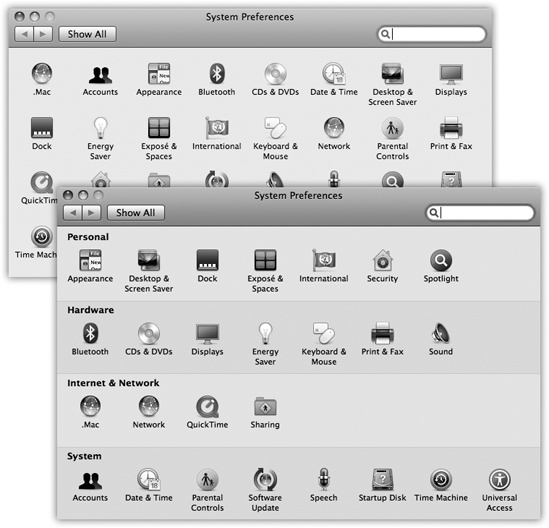 You can view your System Preferences icons alphabetically (top), rather than in rows of arbitrary categories (bottom); just choose View→Organize Alphabetically. This approach not only saves space, but also makes finding a certain panel much easier, because you don’t need to worry about which category it’s in.