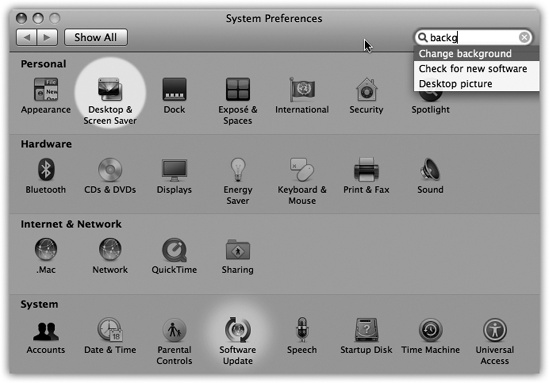 Even if you don’t know what System Preferences panel contains the settings you want to change, Spotlight can help. Type into the box at the top, and watch as the “spotlight” shines on the relevant icons. At that point, you can either click the icon, click the name in the pop-up menu, or arrow down the menu and press Enter to choose. (Apple removed the System Preferences toolbar, but it hopes that this Spotlight business is just as useful.)