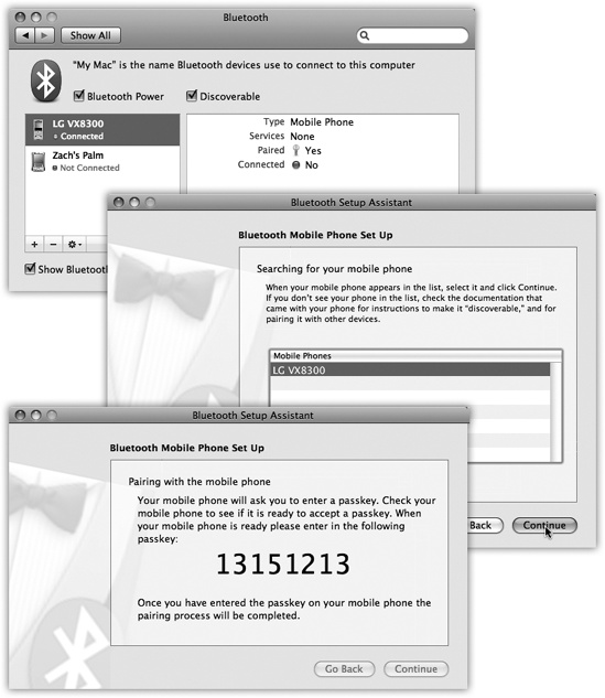 Top: This System Preferences panel reveals a list of every Bluetooth gadget your Mac knows about. Click a Bluetooth device to see details. Middle: The Bluetooth Setup Assistant scans the area for Bluetooth gadgets, and, after a moment, lists them. Click one, and then click Continue. Bottom: Where security is an issue, the Assistant offers you the chance to pair your Bluetooth device with the Mac. To prove that you’re really the owner of both the laptop and the phone, the Mac displays a one-time password, which you have 30 seconds to type into the phone. Once that’s done, you’re free to use the phone’s Internet connection without any further muss, fuss, or passwords.