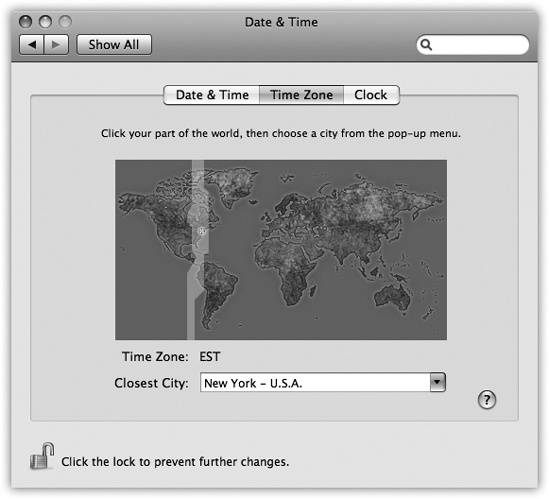 To set your time zone the quick and dirty way, just click on a section of the map to indicate your general region of the world. You’ll see the vertical stripe showing your time zone. If you want to teach the Mac more precisely where you are in that time zone, now use the pop-up menu to specify the closest big city in that time zone. (Or, instead of using the pop-up menu with the mouse, you can also highlight the text in the Closest City box. Then start typing your city name until the Mac gets it.)