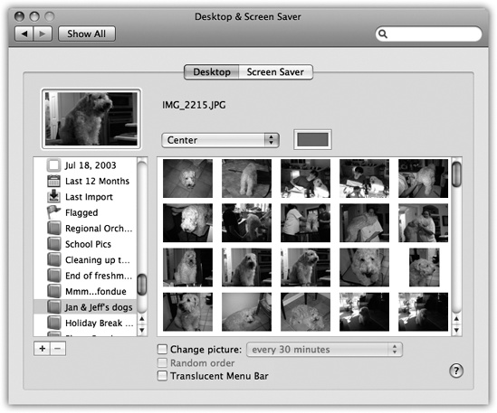 Using the list of picture sources at left, you can preview an entire folder of your own images before installing one specific image as your new desktop picture. Use the Choose Folder option to select a folder of assorted graphics—or, if you’re an iPhoto veteran, click an iPhoto album name, as shown here. Clicking one of the thumbnails installs the corresponding picture on the desktop. Bottom: The on/off switch for the transparency of Mac OS X’s menu bar.