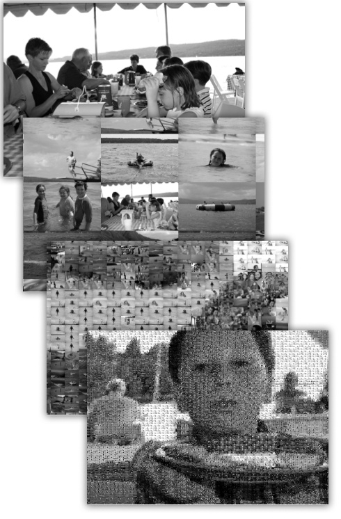 This feeble four-frame representative sample will have to represent, on this frozen page, the stunning animated pullout that is the Mosiac screen saver. It starts with one photo (top); your “camera” pulls back farther and farther, revealing that that photo is just one in a grid—a huge grid—that’s composed of all your photos. As you pull even farther back, each photo becomes so small that it becomes only one dot of another photo—from the same collection! And then that one starts shrinking, and the cycle repeats, on and on into infinity. How could Apple not have mentioned Mosaic in its Leopard advertising?