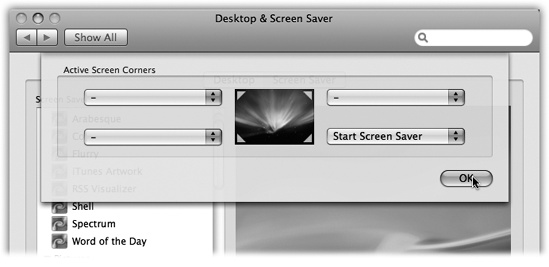 Click the Hot Corners button to open this “sheet,” which lets you designate certain corners of your screen as instant-activation spots, or never-come-on spots. Sliding the mouse to the Start Screen Saver corner, for example, turns on your screen saver right away.