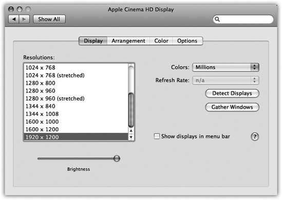 In the early days of the Mac, higher color settings required a sacrifice in speed, since the Mac had to compute the color for thousands of individual pixels. Today, there’s little downside to leaving your screen at its maximum depth setting (“Millions” of colors). Photos, especially, look best at higher depth settings. (The Detect Displays button appears primarily on laptops; it means “Check for an external monitor or projector.”)