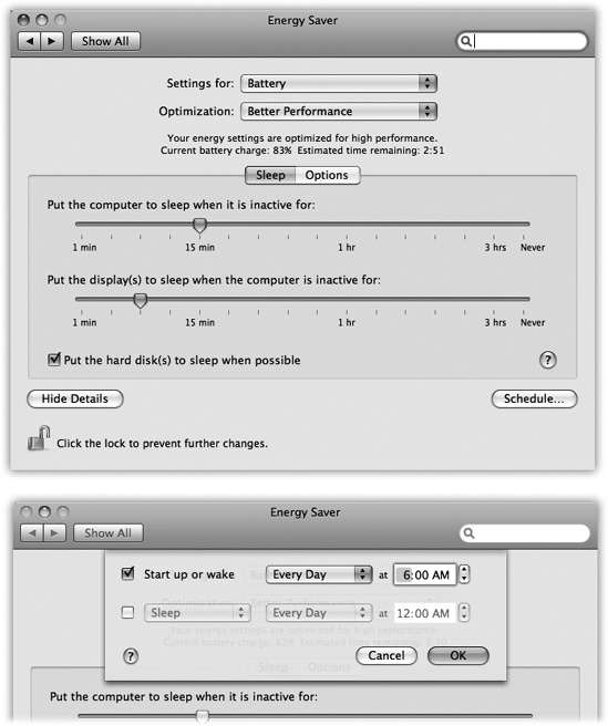 Top: Here’s what Energy Saver looks like in its expanded condition on a laptop. (On a desktop machine, it’s far simpler.) In the “Put the display to sleep” option, you can specify an independent sleep time for the screen. Bottom: Here are the Schedule controls—a welcome return of the Mac’s self-scheduling abilities.