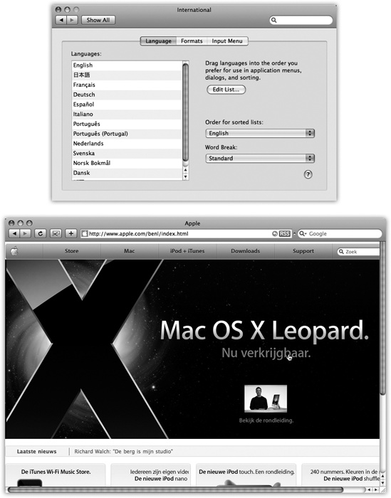 Top: This is the list of the 19 “system localizations” that you get with a standard Mac OS X installation. Bottom: Here’s Safari running in Dutch. Actually understanding Dutch would be useful at a time like this—but even if you don’t, it can’t help but brighten up your work day to choose commands like Spraakfunctie or Knip. (Alas, your success with this trick varies by program.)