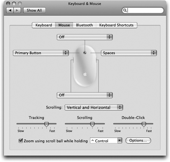 This enormous photographic display shows up only if you have the Mighty Mouse, Apple’s “two-button” mouse. The pop-up menus let you program the right, left, and side buttons of this mouse. It offers functions like opening Dashboard, triggering Exposé, and so on. This is also where you can turn the right-clicking feature on (just choose Secondary Button from the appropriate pop-up menu)—or swap the right- and left-click buttons’ functions.