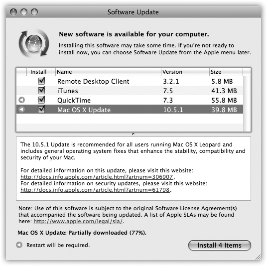 When Software Update finds an appropriate software morsel, it presents this dialog box that offers to install it automatically. (If you see a smaller version of this dialog box, with no visible list of the new components, click the Details button.) Apple has always created updated and bug-fixing versions of its software components, but they don’t do you any good if you don’t know about them. You no longer have to scour Mac news Web sites to discover that one of these components has been released and then hunt down the software itself.