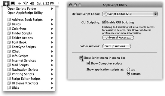 Left: Leopard’s starter scripts appear in categories. Right: To make the Script Menu appear, open Applications→AppleScript→AppleScript Utility; turn on “Show Script Menu in menu bar.” AppleScript Utility puts all of the AppleScript options in one place.