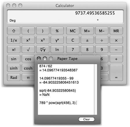 The Calculator program offers a four-function Basic mode, a full-blown scientific calculator mode, and a programmer’s calculator (shown here, and capable of hex, octal, decimal, and binary notation). The first two modes offer a “paper tape” feature (View→Show Paper Tape) that lets you correct errors made way back in a calculation. To edit one of the numbers on the paper tape, drag through it, retype, and then click Recalculate Totals. You can also save the tape as a text file by choosing File→Save Tape As, or print it by selecting File→Print Tape.