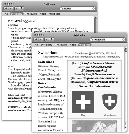 When you open the Dictionary, it generally assumes that you want a word’s definition (top left). If you prefer to see the Wikipedia entry (lower right) at startup time instead, for example, choose Dictionary→Preferences—and drag Wikipedia upward so that it precedes New Oxford American Dictionary. That’s all there is to it!