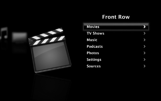 Front Row is all about drilling down through the menu screens, exactly as on an iPod. Start here, on the main menu. Use the center button on the remote, or the Space bar on your keyboard, to select a command or category and open the next screen. Keep going like that until you’re watching your movies or slideshows, or listening to your music.