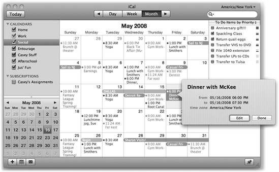 In iCal, the miniature navigation calendar (lower left) provides an overview of adjacent months. You can jump to a different week or day by clicking the ◂ and ▸ buttons, and then clicking within the numbers. Double-click any appointment to see the info balloon shown here. You can hide the To Do list either by using the Window→Hide To Dos command or by clicking the thumbtack button identified here.