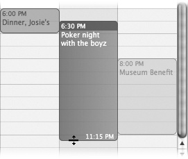 You can resize any iCal calendar event just by dragging its bottom border. As your cursor touches the bottom edge of a calendar event, it turns into a double-headed arrow. You can now drag the event’s edge to make it take up more or less time on your calendar.