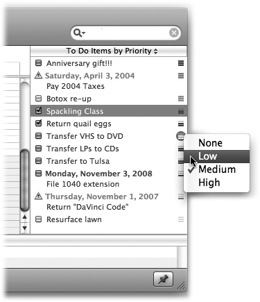 Using the To Do Info balloon, you can give your note a priority, a calendar (category), or a due date. Tasks that come due won’t show up on the calendar itself, but a little exclamation point triangle appears in the To Do Items list.