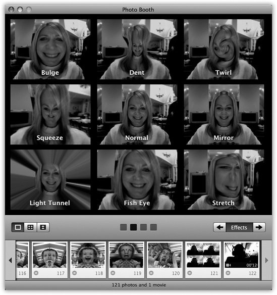 The Photo Booth effects must have been dreamed up one night at Apple in the midst of a serious beer party. They’re truly, disturbingly creative. If you decide that you really look best without any help from Apple’s warped imagery, click the Normal icon in the center.