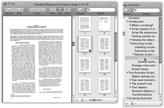 Left: To open or close the Sidebar (right), choose View→Sidebar, press Shift--D, or click the Sidebar button on the toolbar. If the toolbar isn’t visible, press -B. Drag the central scroll bar to make the Sidebar bigger. Right: Some PDF files fill the Sidebar with a ready-made table of contents instead.