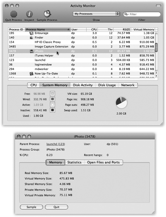 The many faces of Activity Monitor. Top: It can be a graph of your processor (CPU) activity, your RAM usage at the moment, your disk capacity, and so on. For most people, only the processes listed here with tiny icons beside their names are actual windowed programs—those with icons in the Finder, the ones you actually interact with. Don’t miss the top-left Quit button. It’s a convenient way to jettison a locked-up program when all else fails. Bottom: If you double-click a process’s name, you get a three-tab dialog box that offers stunningly complete reams of data (mostly of interest only to programmers) about what that program is up to. (The Open Files and Ports tab, for example, shows you how many files that program has opened, often invisibly.)