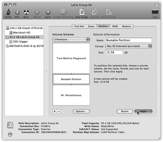 Partitioning your drive with Disk Utility no longer involves erasing it completely. Select the drive you want to partition from the list on the left, and click the Partition tab. Click the + button for each new partition you want. Now drag the horizontal dividers in the Volumes map to specify the relative sizes of the partitions you want to create. Assign a name and format for each partition in the Volume Information area, and then click Apply.