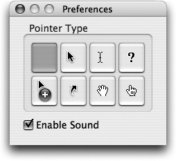 Unlike the Shift--3 or Shift--4 keystrokes, Grab lets you include the pointer/cursor in the picture—or hide it. Choose Grab→Preferences and pick one of the eight different pointer styles, or choose to keep the pointer hidden by activating the blank button in the upper-left corner.