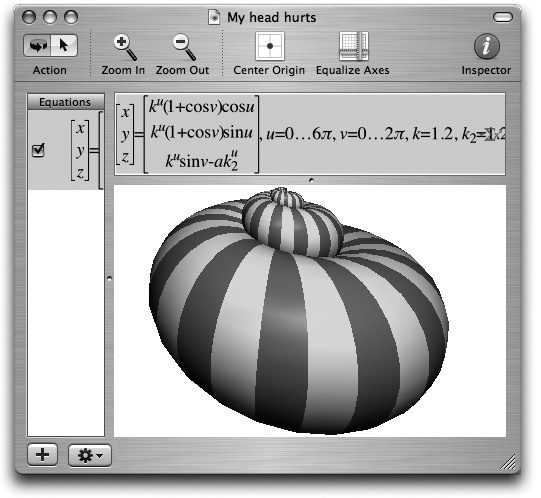 In general, you type equations into Grapher just as you would on paper (like z=2xy). If in doubt, check the online help, which offers enough hints on functions, constants, differential equations, series, and periodic equations to keep the A Beautiful Mind guy busy for days.