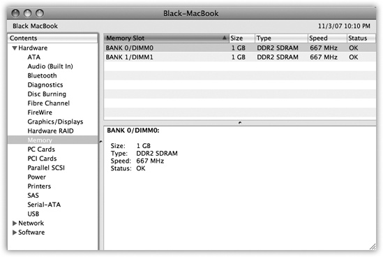 Does your MacBook’s chip run at 2 Ghz or 2.6? What percentage of your external hard drive is filled up? Want a comprehensive list of every program installed on your Mac, with version numbers? Can your DVD burner burn dual-layer discs? And (shown here): Does your laptop have any open slots for extra RAM?