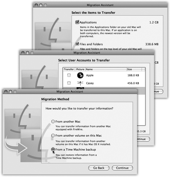 The Migration Assistant is actually pretty amazing. It brings over to your new Mac (or new Mac OS X installation) all of the files, settings, folders, and even installed programs from an older Mac—or, in times of tragedy, from a Time Machine backup (see ). Along the way, you’ll be asked whose account folder(s) you want brought over, which other stuff (like applications, files, and folders) to copy, and which sorts of settings. When it’s all over, you might have to reactivate a couple of Adobe programs, but otherwise, you should be ready to roll on your new (or new-feeling) Mac.