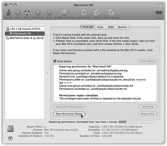 Click your hard drive’s name in the left-side list; click the First Aid tab; click Repair Disk Permissions; and then read an article while the Mac checks out your disk. If the program finds anything amiss, you’ll see messages like these. Among the text, you may recognize some Unix shorthand for read, write, and execute privileges ().