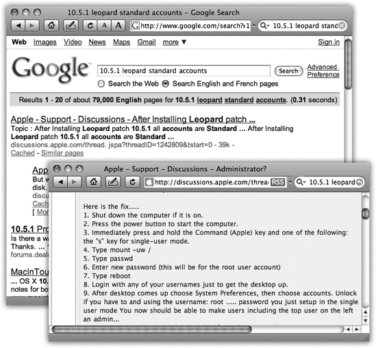 Don’t waste your time. Start any troubleshooting search at Google. Leave out small words like “it,” “the,” “of,” and so on; Google ignores them. Bottom: Presto: Google’s very first results link contains the answer.