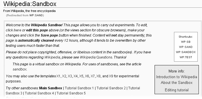 The top of the sandbox page, in normal mode. In normal modenormalmodesnormal mode, you can read what’s on the screen, but not make any changes to it. To enter edit modeedit mode, modeseditjust click the “edit this page” tab.