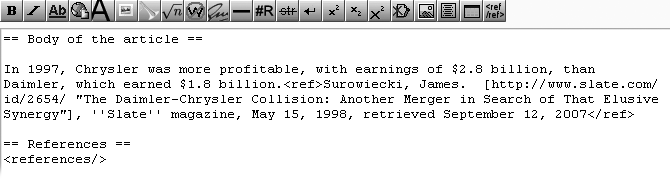 You’ll recognize some of the wiki markup that you used in the tutorial in , like the headings for the two sections and the italicizing of the title of the publication (the magazine Slate). The footnote begins immediately after the sentence it documents—there’s no space between the period and the <ref> tagscreating footnotes<ref> tag. You must both create a heading for the “References” section and add the <references/> tag to tell Wikipedia where to put the footnotes.