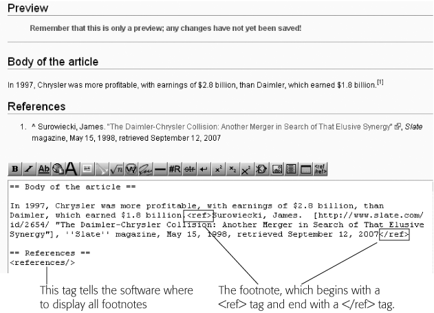 At top, you can see how the page will look when you save it. The bottom shows the text entered into the edit box, with the two parts of the footnote system (the footnotes themselves, and where they’re displayed).