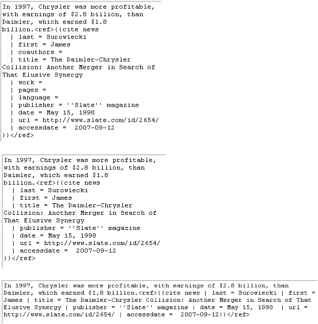 Here are three variations of the same citation template for the same footnote. The difference is in the spacing. Top: Each parameter (author’s last name, first name, and so on) has been entered as a separate line. Middle: The four unused parameters have been deleted. Bottom: There are multiple parameters on a single line. This third variation could have been even shorter: The blank spaces before and after the vertical line (“|”) symbols, and the spaces before and after the equal signs aren’t required. Of course, removing those 28 blank spaces would make the template even more difficult to read.