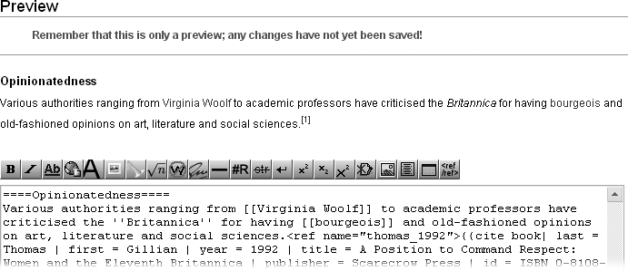 When you edit just a section of an article, the footnote numbers are modespreviewvisible footnotespreview mode andin previewingfootnotespreview mode, but not the text of the footnotes. Some experienced editors are comfortable saving their edits without previewing what their added footnotes look like, but if not being able to preview your footnotes makes you uneasy, see for the workaround.