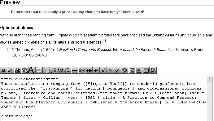 With the <references/> tag added, the footnotes are visible in preview mode. Don’t forget to delete the tag before you save your edit. If you forget, the software displays all the footnotes in the article, in two different parts of the article, not once at the bottom.