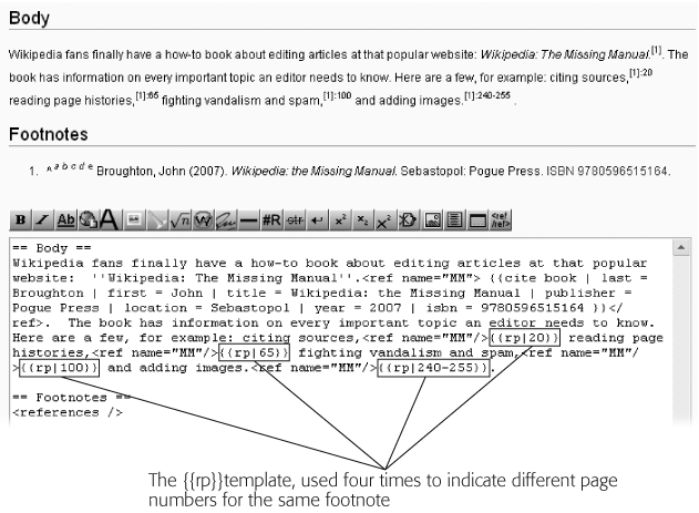 The Rp template lets you type page numbers when you insert multiple references to a source (bottom). They appear in superscript next to footnote numbers (top). So you can cite multiple pages from the same source without any of the problems mentioned on .