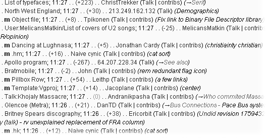 You can see some editor names on this portion of the Special:Recentchanges log page. In each line, the name of the edited page is at the far left, followed by the time of the edit (hours:minutes on a 24-hour clock), and then the number of characters added or deleted by the edit. User namesreduser names in red indicate that the user has not created a personal user page. (You’ll learn how to create your user page later in this chapter.)