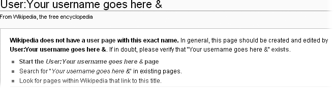 The top of a user page, when you first start to create it. It may be a bit odd to be looking at a page that seems to say it doesn’t exist. This text simply means that the user page hasn’t yet been created and saved.