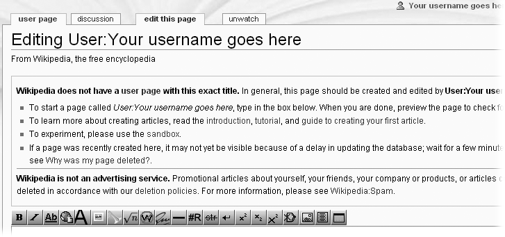 Editing your user page the first time—the top of the page, including the top of the edit box where you’ll be putting some text.