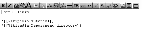 Some suggested text for you to type into the input box on your user page. If you’ve encountered interesting or useful pages in your travels on Wikipedia so far, here’s one place to create links to those pages. For example, you type [[WP:SAND]] or [[Wikipedia:Sandbox]] to create a direct link to the sandbox for yourself.