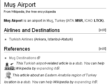 When an article is a stub, it says so, as shown at the very bottom of this example. Stubs usually have just a sentence or two about their subject, and sometimes links to related, longer articles. Wikipedia’s administrators are quick to delete stubs, so work on articles in your user space until they’re long enough for prime time.