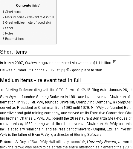 Here are a number of reliable sources for the planned article. There isn’t any standard way to put them on the subpage (the top of which is shown here), but it’s a good idea to start building the format for full citations (). On the other hand, don’t put the full text of long articles on the page—that’s a copyright violation the moment you save the page with all the text on it, even though you’re doing the work on a copyright lawssubpages anduser subpage, rather than on an article page.